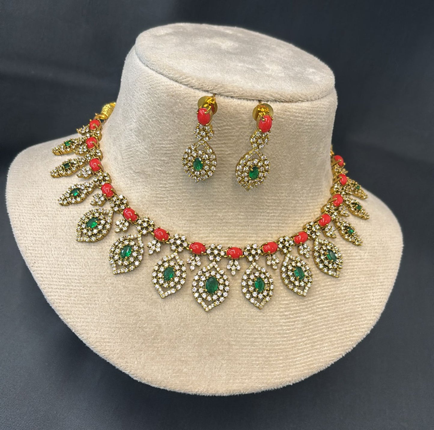 Premium AD Emerald and Coral Necklace Set NS10