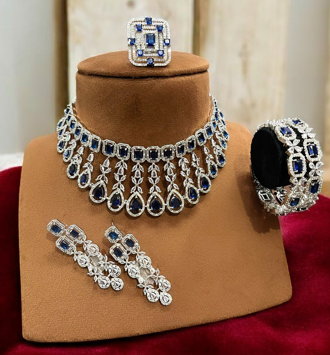 American Diamond Choker Set with Long Earrings, Bangles & Statement Ring SI8