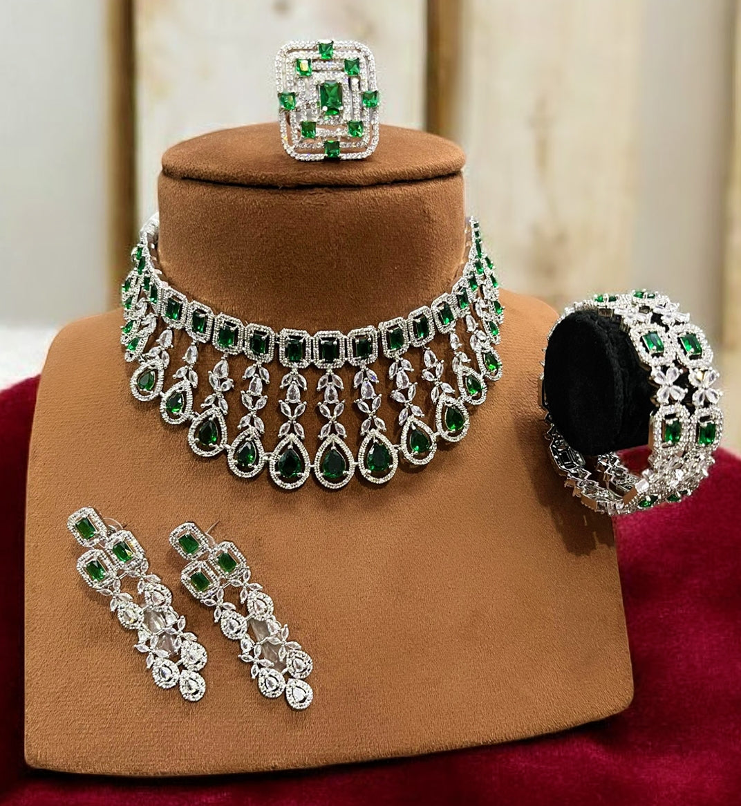 American Diamond Choker Set with Long Earrings, Bangles & Statement Ring SI8