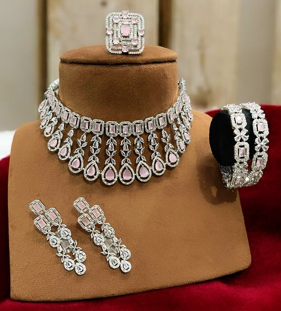 American Diamond Choker Set with Long Earrings, Bangles & Statement Ring SI8