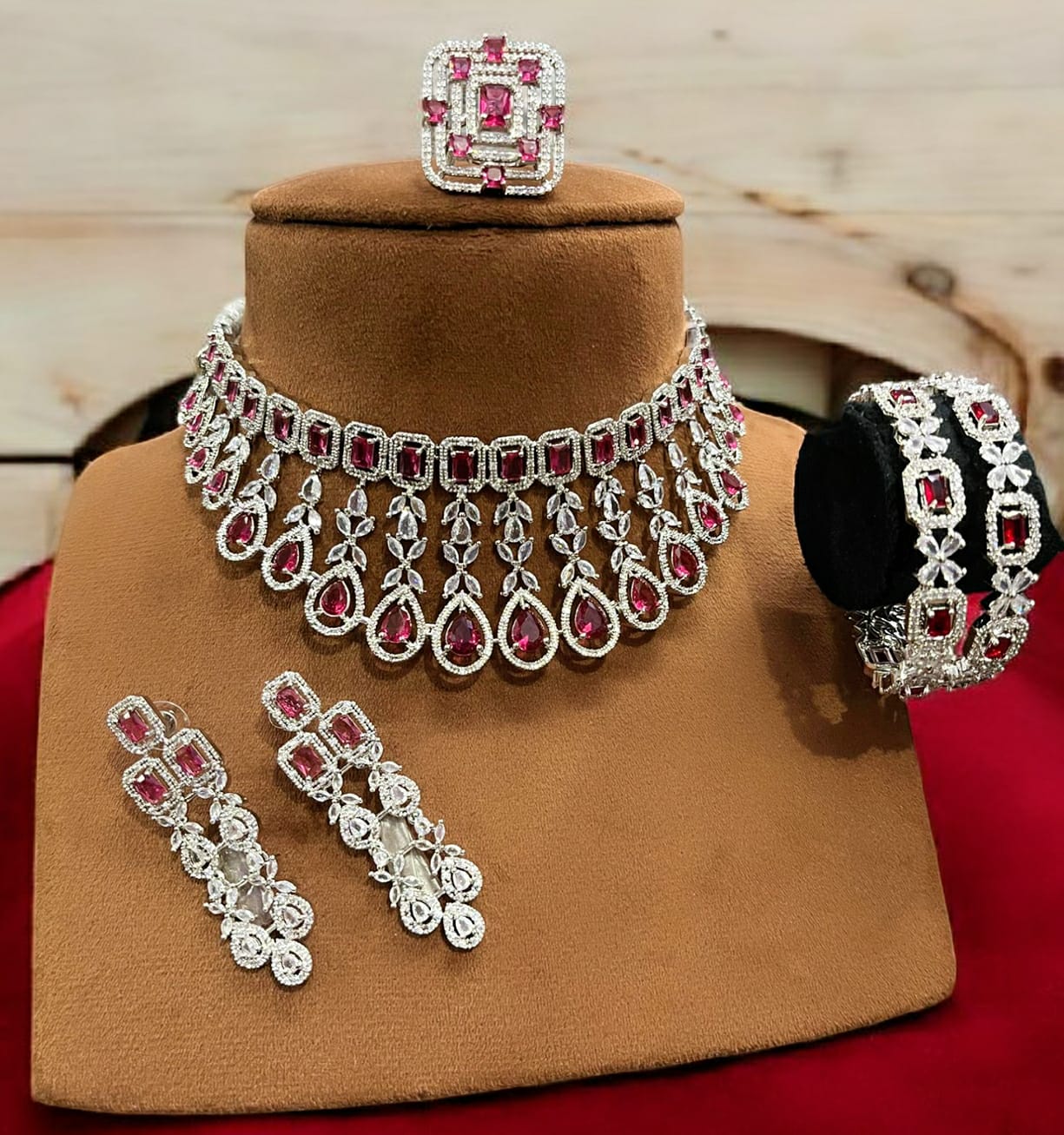 American Diamond Choker Set with Long Earrings, Bangles & Statement Ring SI8