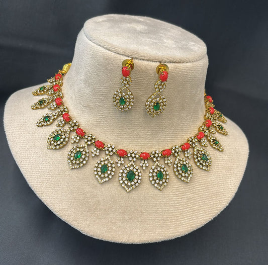 Premium  AD Emerald  and Coral Necklace Set NS10