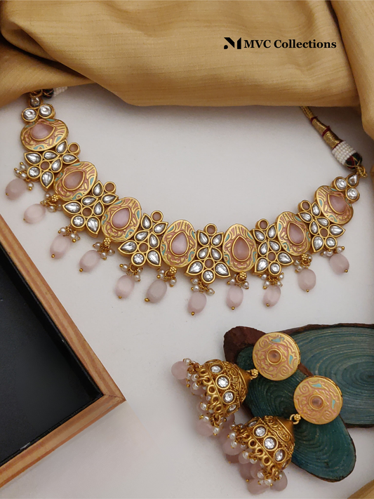 Gold-Plated Kundan-Studded Choker Necklace with Earrings SI6