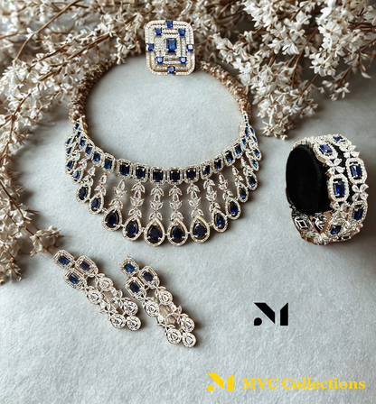 American Diamond Choker Set with Long Earrings, Bangles & Statement Ring SI8