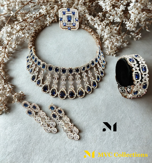American Diamond Choker Set with Long Earrings, Bangles & Statement Ring SI8