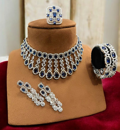 American Diamond Choker Set with Long Earrings, Bangles & Statement Ring SI8